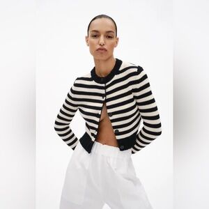 G. Label by Goop Demoiselle Cardigan Striped Cotton Cashmere Navy Sweater Sz M